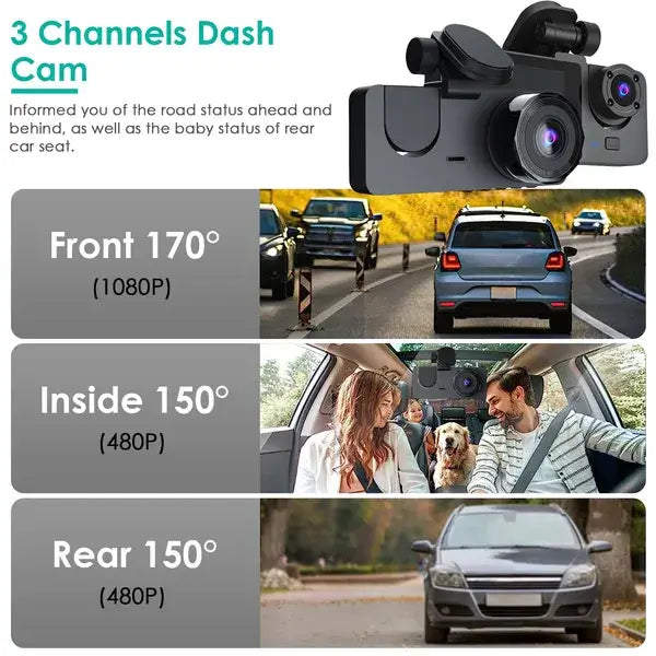 3-Channel 360° Dash Cam - 1080P Front 3 Channel Dash Cam Front Inside Rear Veh | Ectron Online