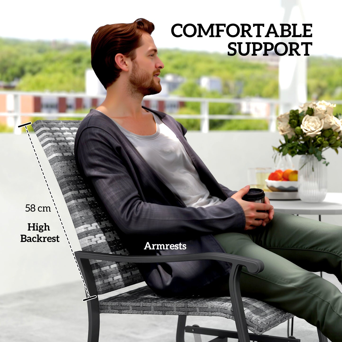 Gray woven wicker high-back swivel glider chair with armrests and curved rocking base