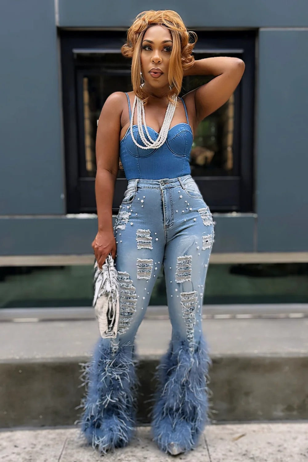 Artificial Wool Ripped Beaded Stretch Jeans Artificial Wool Ripped Beaded Stretch Je | Ectron Online