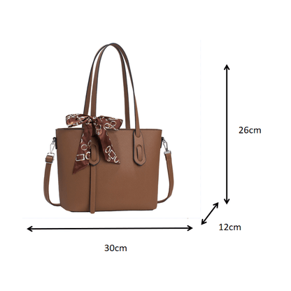 Brown tote handbag with front zipper pocket and size diagram showing 30 x 26 x 12 cm.