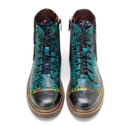 New Leather Hand Painted Printed Comfortable Flat Boots