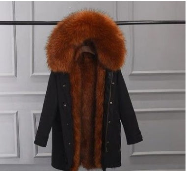 Black coat with a large brown fur hood on a gray background