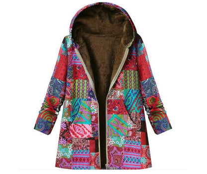 Autumn And Winter New Women's Vintage Warm Printing Pocket Thickened Zipper Hoodie