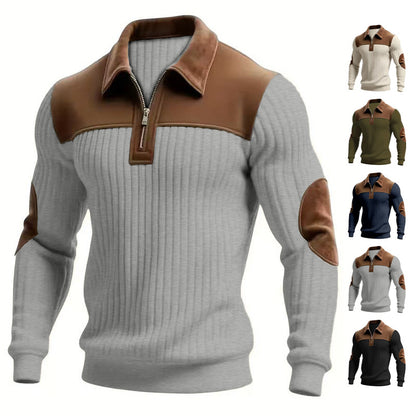 Men's patchwork knit quarter-zip top with ribbed light gray body and brown tan trim