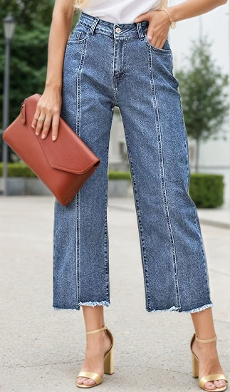Medium-blue wide-leg jeans with high rise, front pockets, and frayed hem