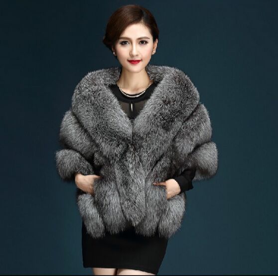 Women's New Silver Fox Faux Fur Shawl Cape