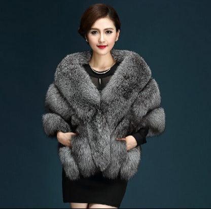 Women's New Silver Fox Faux Fur Shawl Cape