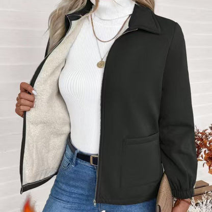 Women’s Fleece Zip-Up Jacket | Warm Lapel Collar Winter Coat Women's Solid Color Fleece Jacket, Lapel | Ectron Online