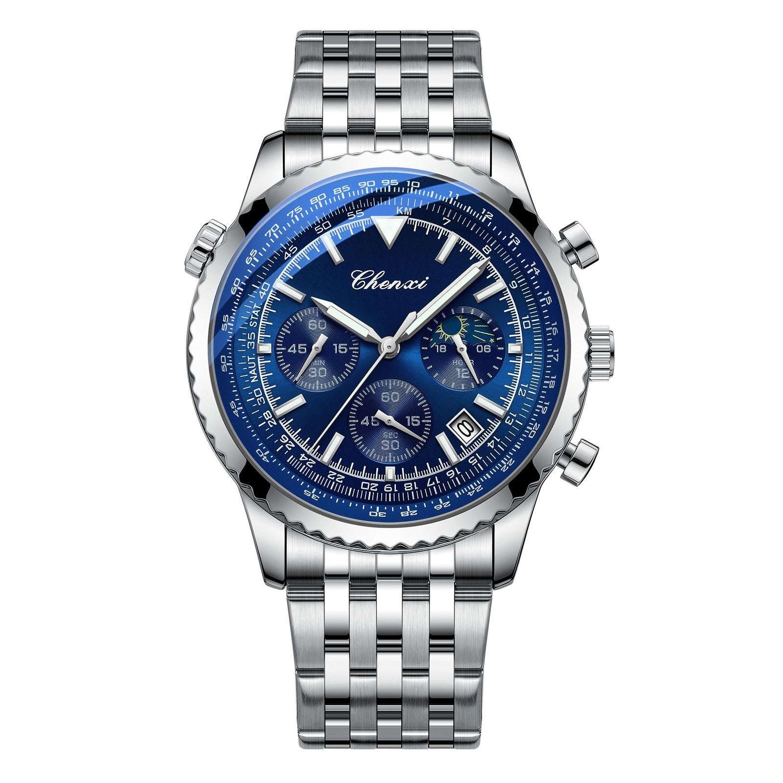 Men's chronograph watch with blue dial, silver metal bracelet, and multi-subdial design