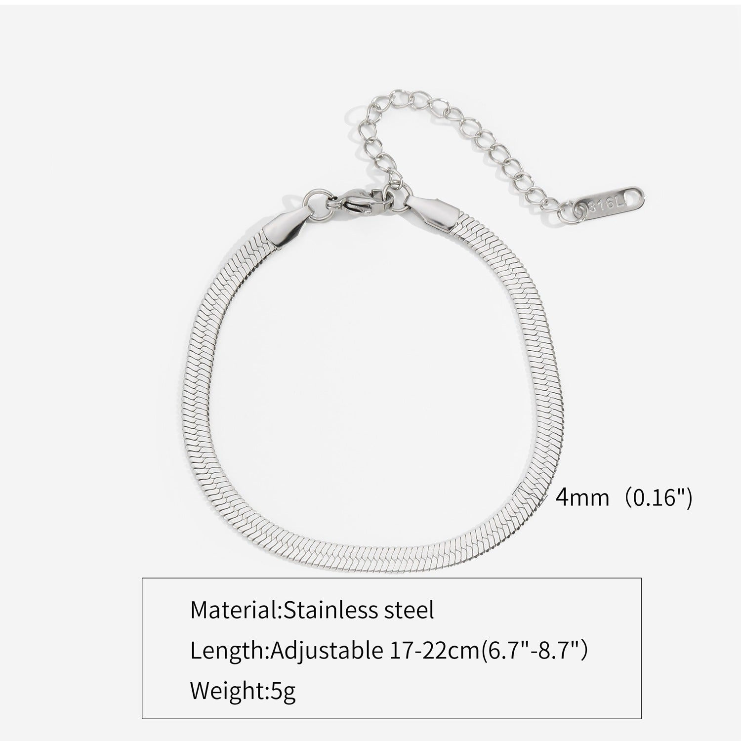 Flat snake chain bracelet in stainless steel, adjustable with clasp and extender, 4mm