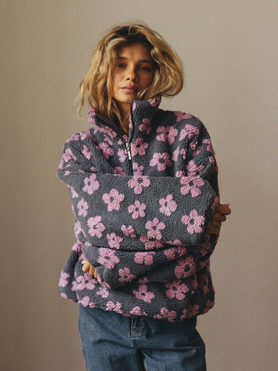 Women's Floral Fleece Zip-up Pullover Winter Flowers Lambskin Sweatshirt With | Ectron Online
