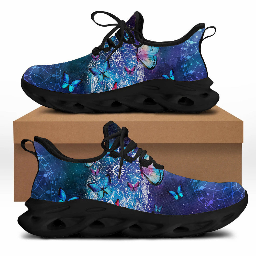 Unisex blade-sole sneakers, blue dreamcatcher print, black laces, black chunky sole