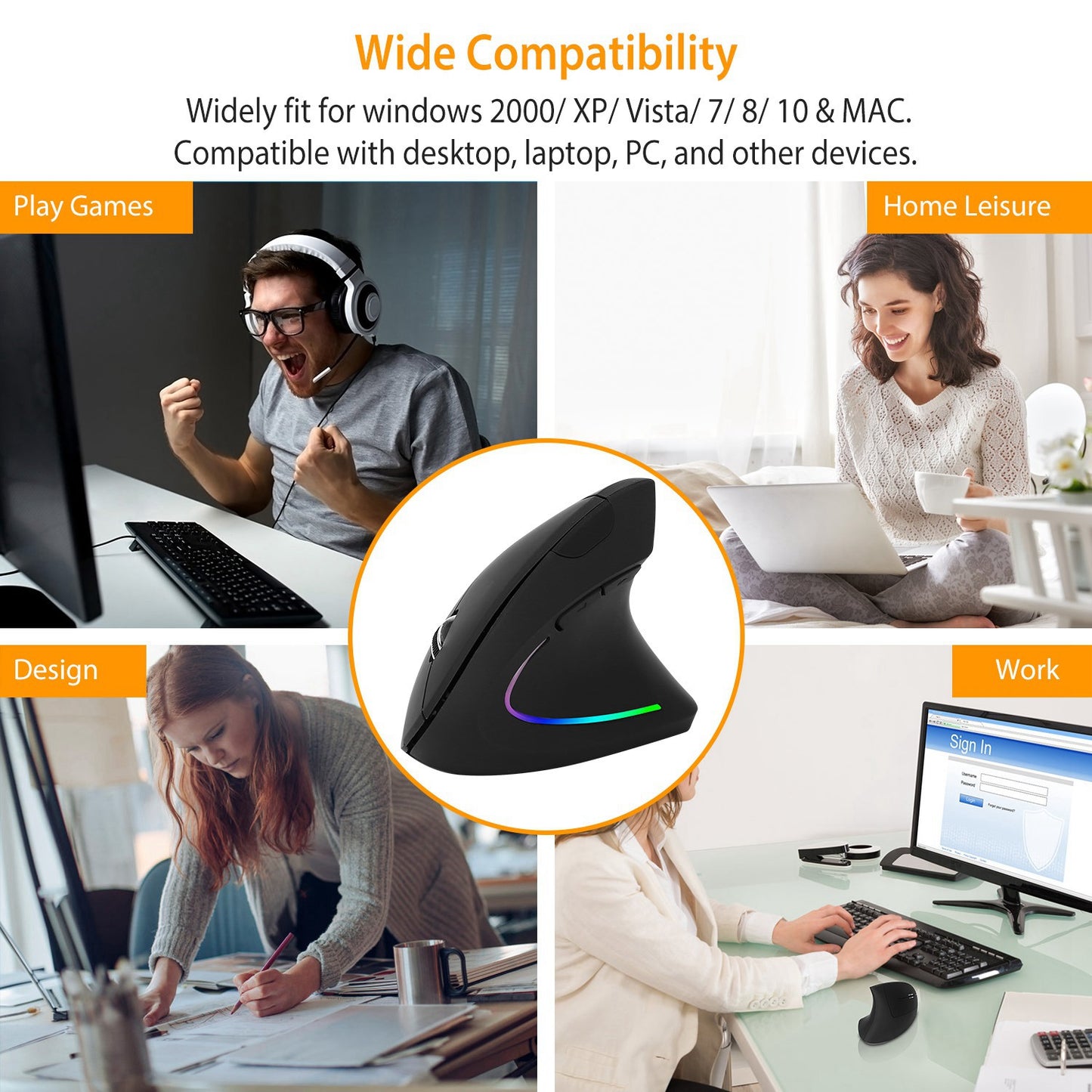 Ergonomic Wireless Vertical Mouse | 2.4G Optical Mice with 3 DPI