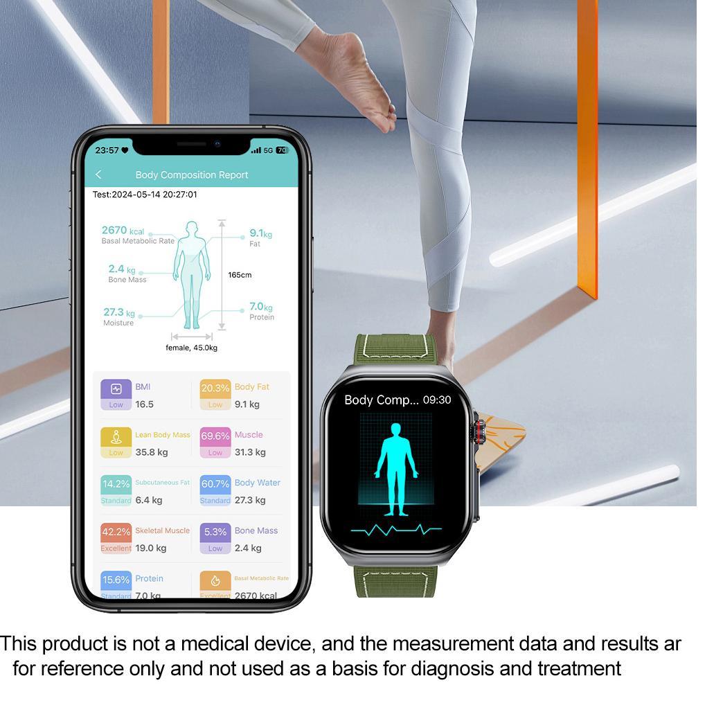 Smartwatch and smartphone displaying health data with a person walking in the background.