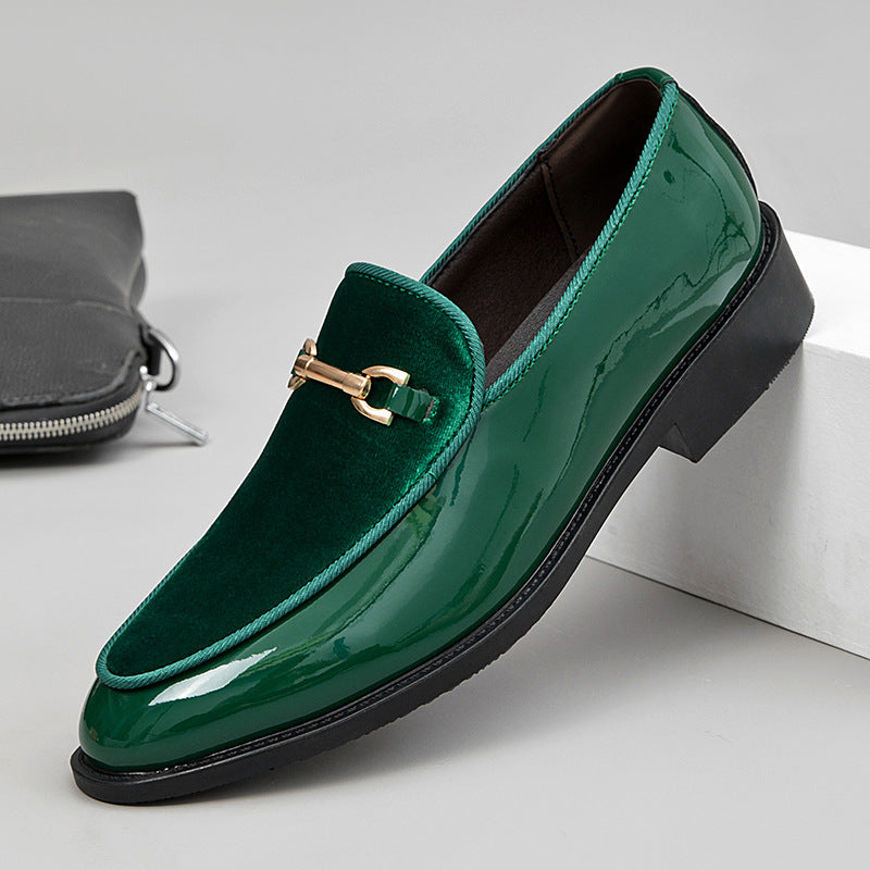 Green shiny patent leather loafer with teal lining and gold-tone buckle strap