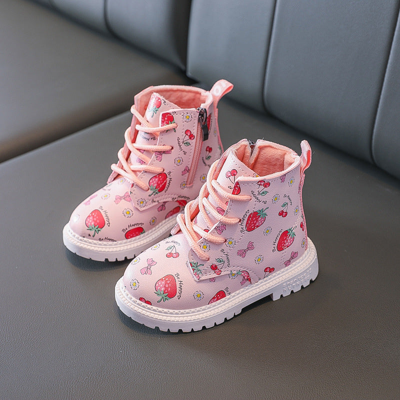 Girls' lace-up ankle boots in light pink with strawberry print and white rubber sole
