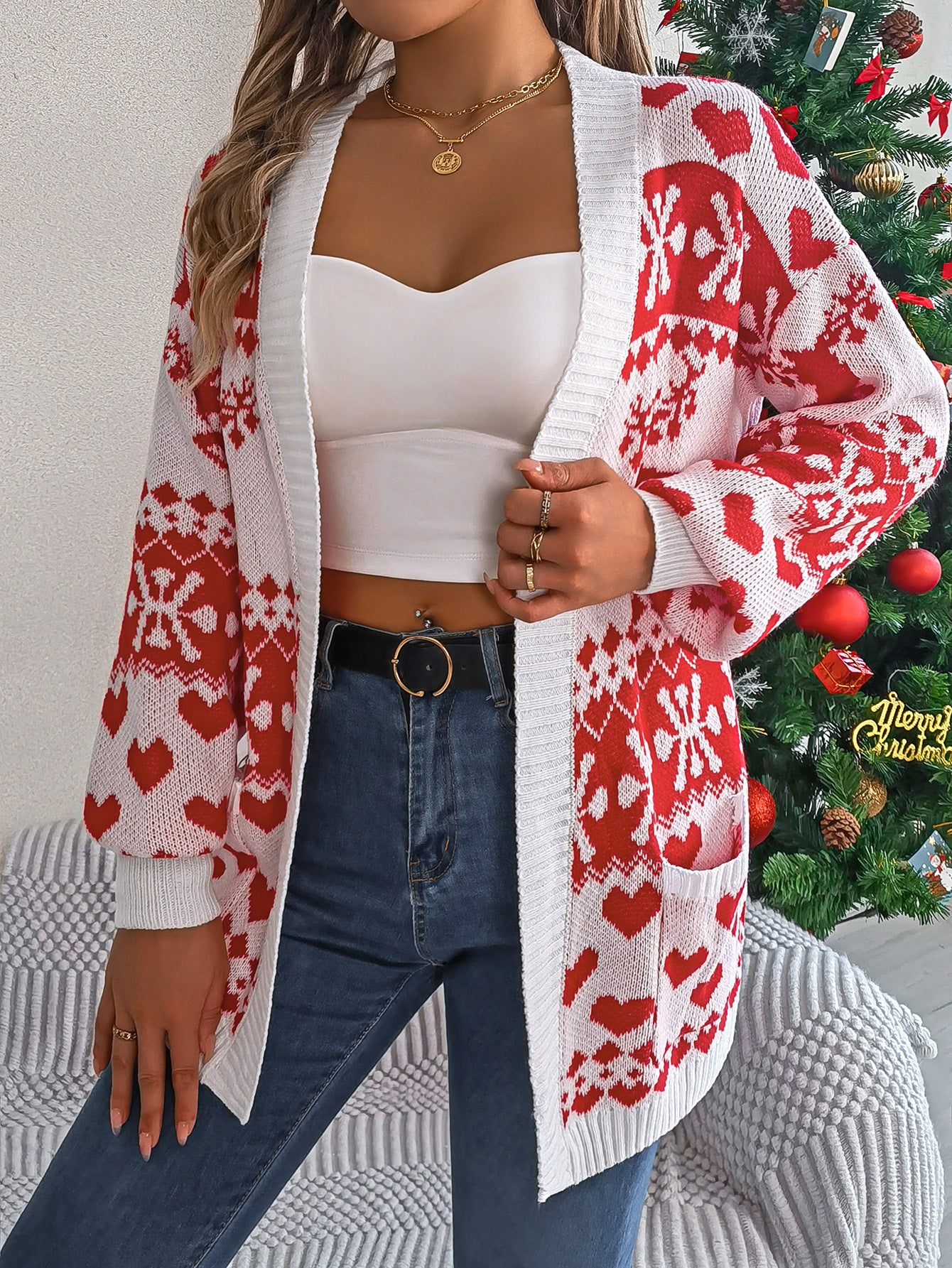 Women's Oversized Christmas Cardigan with Pockets 2024 Christmas Clothes Women's Open Fron | Ectron Online