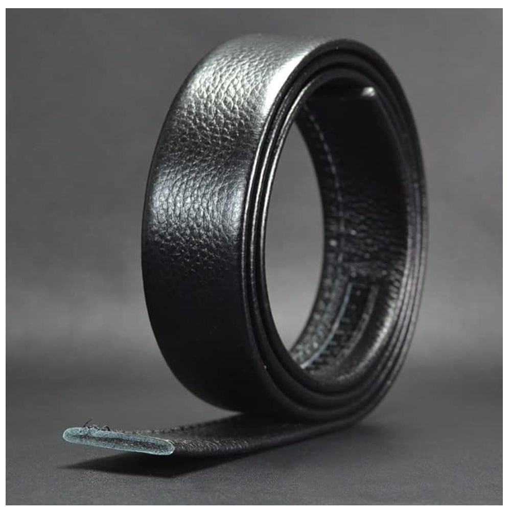 Black leather belt close-up, curved profile with smooth edge stitching