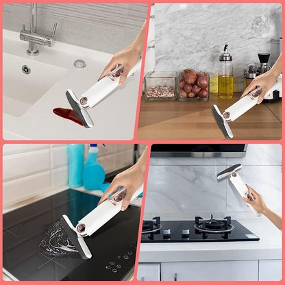 Handheld mini mop cleaning kitchen and bathroom surfaces, white body with gray pad