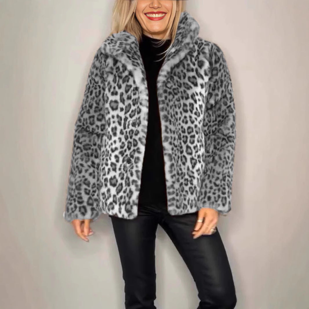Women's Leopard Print Faux Leather Jacket | Woolen Lapel Winter Top