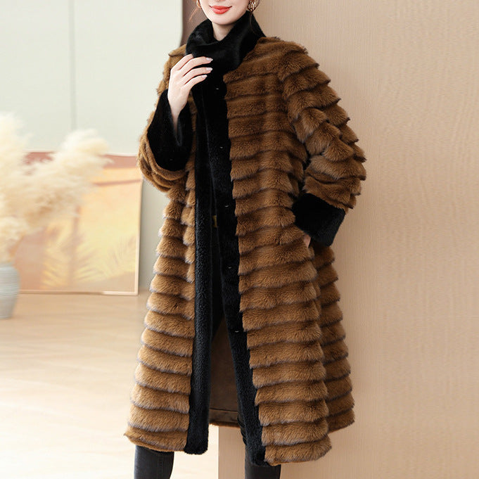 Faux mink coat with brown striped fur texture and black scarf-style collar