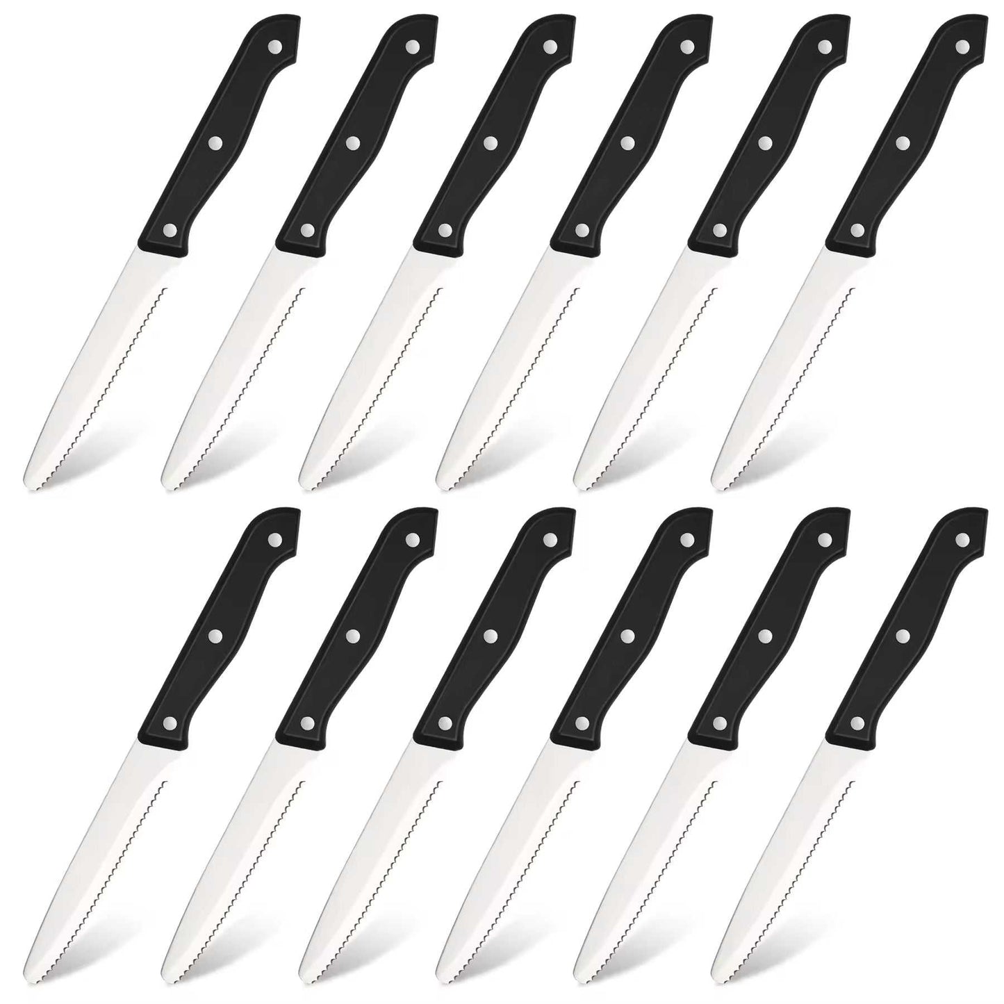 12-piece steak knives set with black handles; polished stainless blades displayed