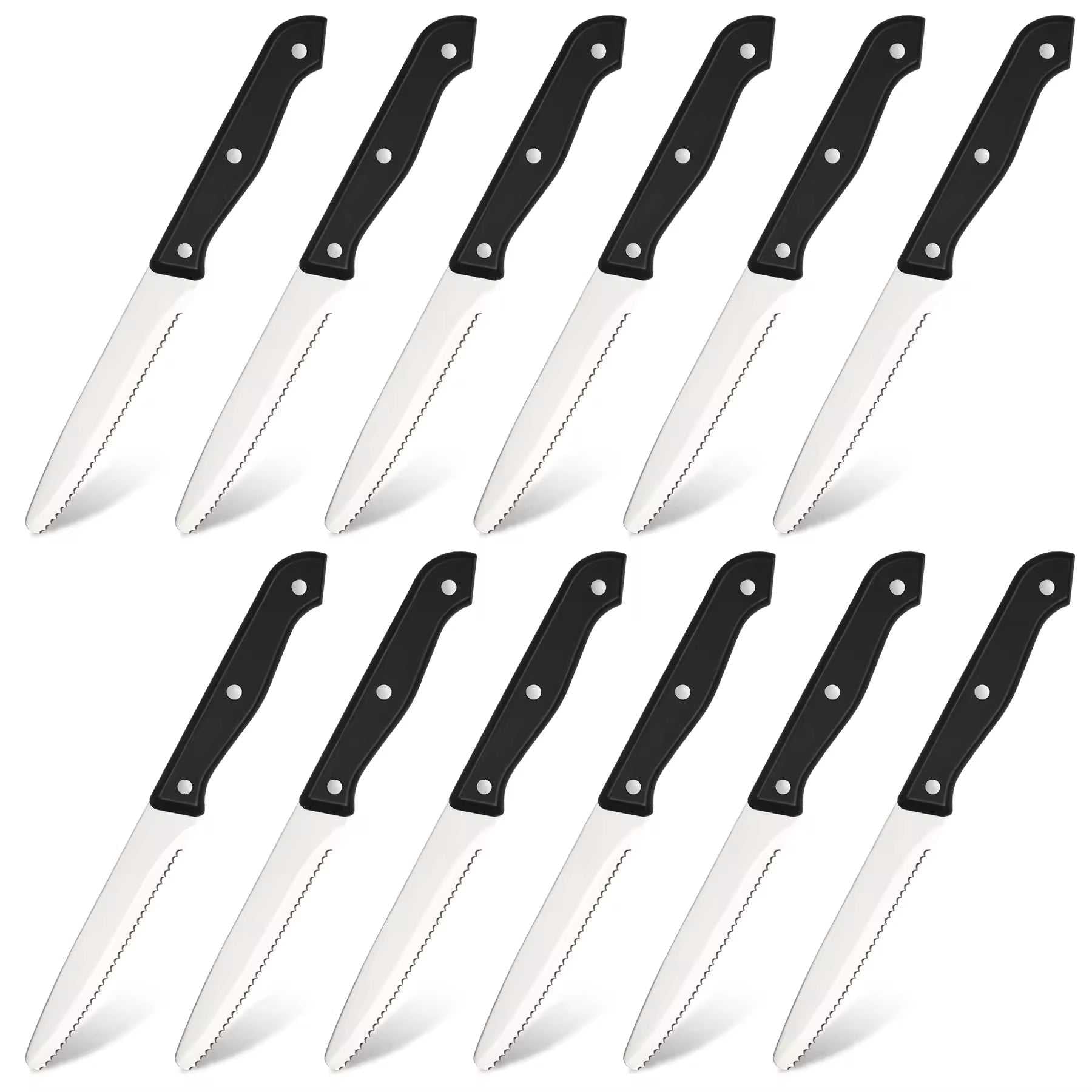 12-piece steak knives set with black handles; polished stainless blades displayed