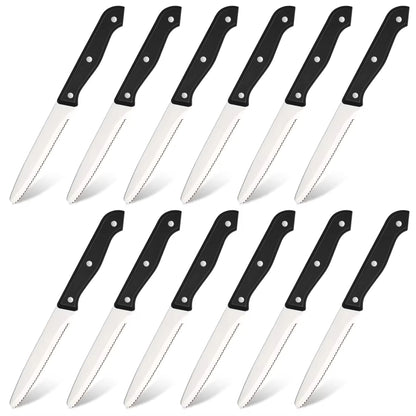 12-piece steak knife set with black handles and serrated stainless blades, two-row layout
