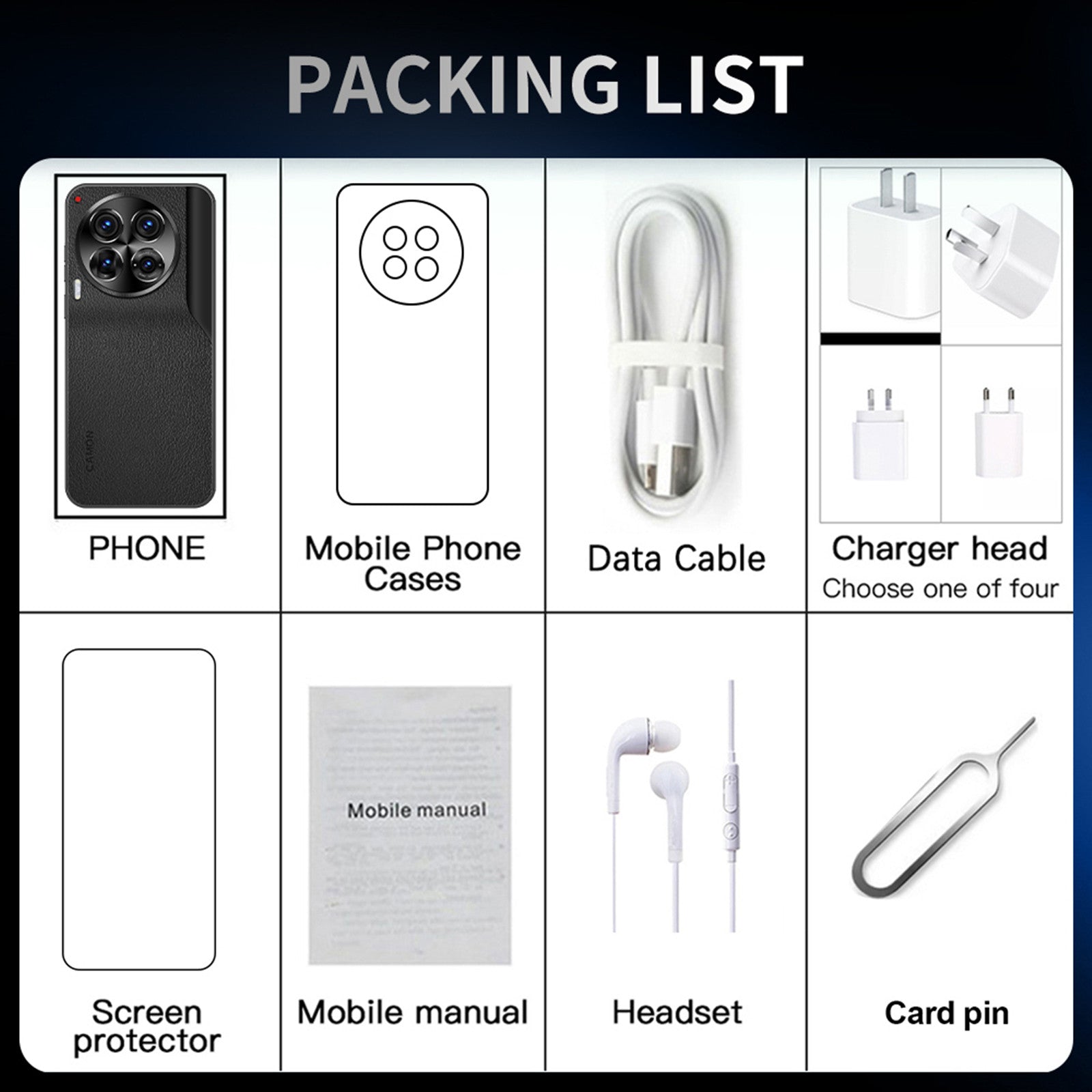 Smartphone packing list showing phone, mobile cases, data cable, charger, and accessories