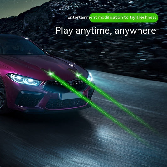 Car with headlights on a dark road at night, with text 'Play anytime, anywhere' and 'Entertainment modification to try freshness'.