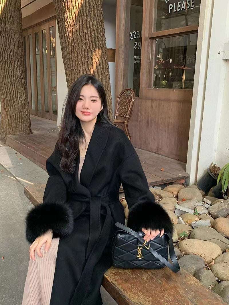 Elegant Double-Sided Cashmere Coat - Detachable Fox Fur Cuff Cuff Detachable Fox Fur Elegant Double-s | Ectron Online