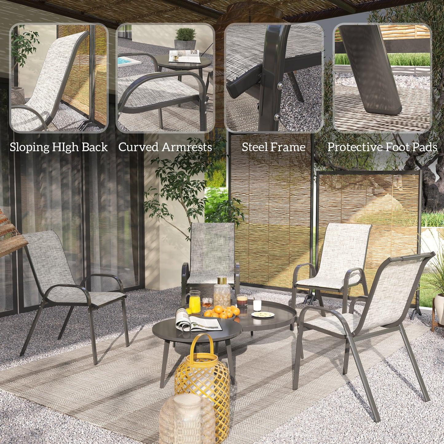 Set of 4 Stackable Outdoor Dining Chairs - Mixed Gray Patio Seating