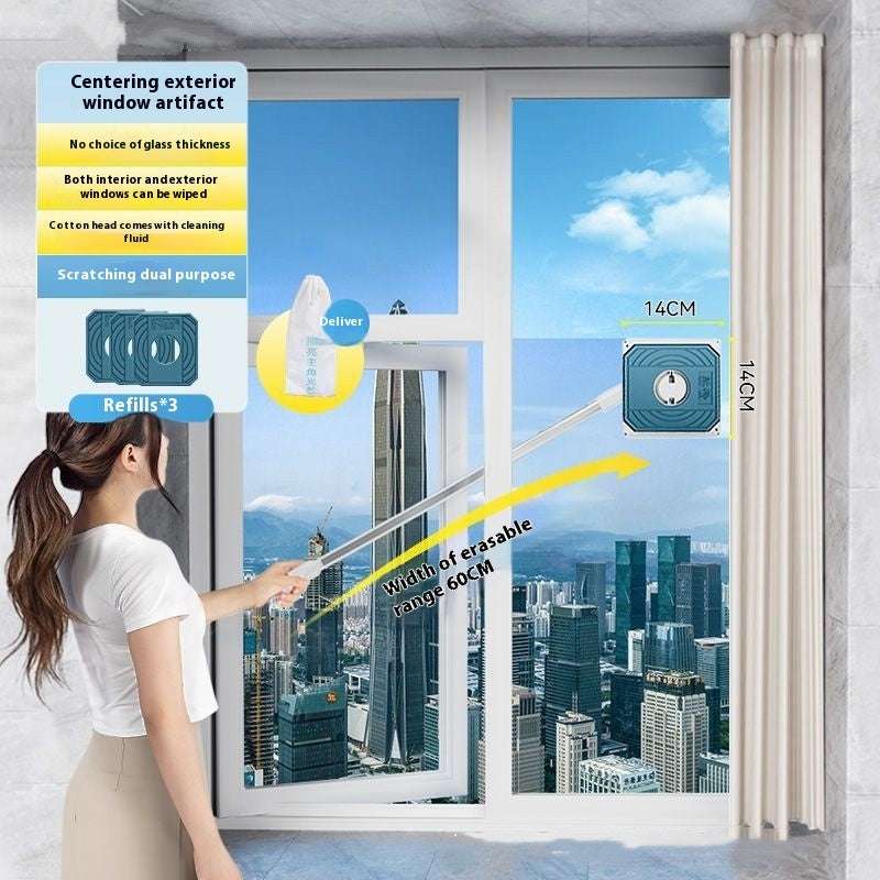 Magnetic double-sided window cleaner with handle and blue refill pad case