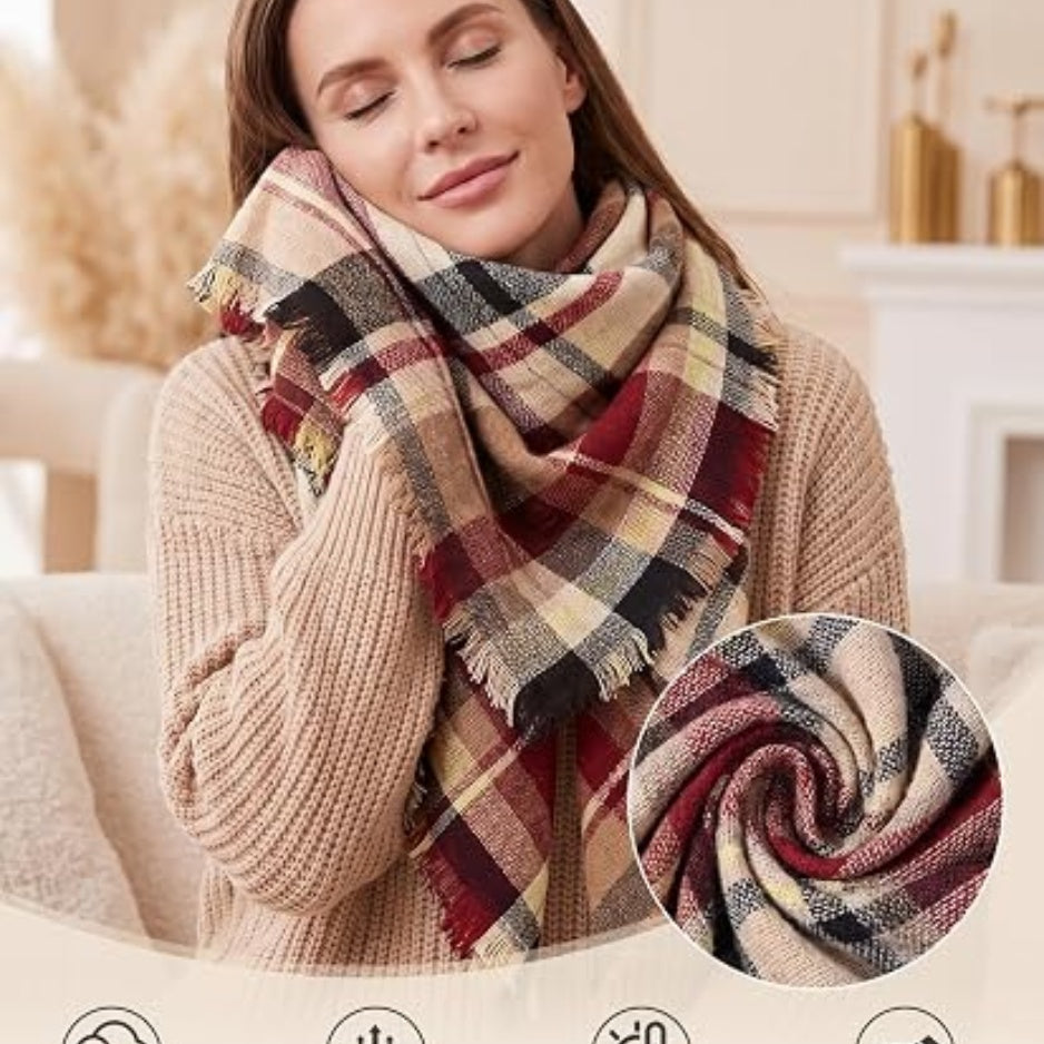 Plaid square scarf wrap in beige, navy, and red tones with soft fringes