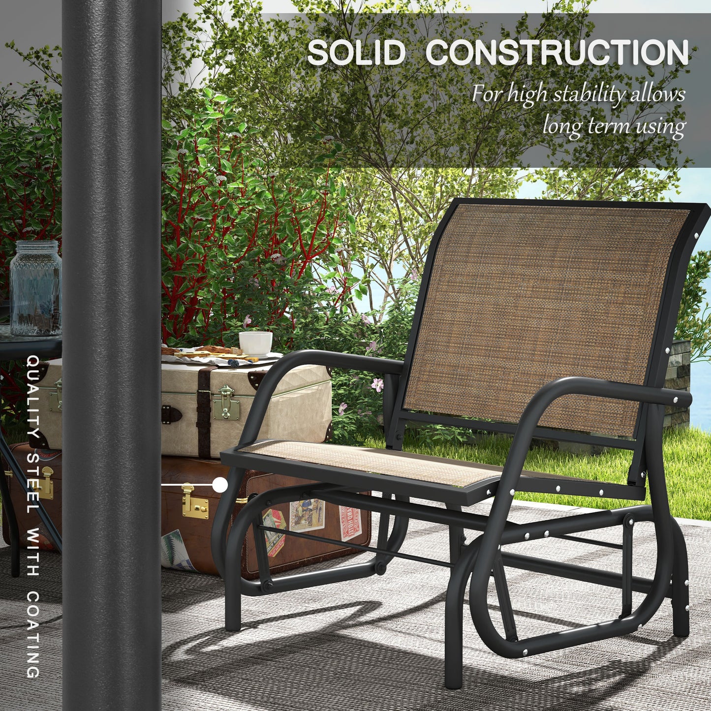 Outdoor steel glider chair with black frame and tan mesh seat and backrest