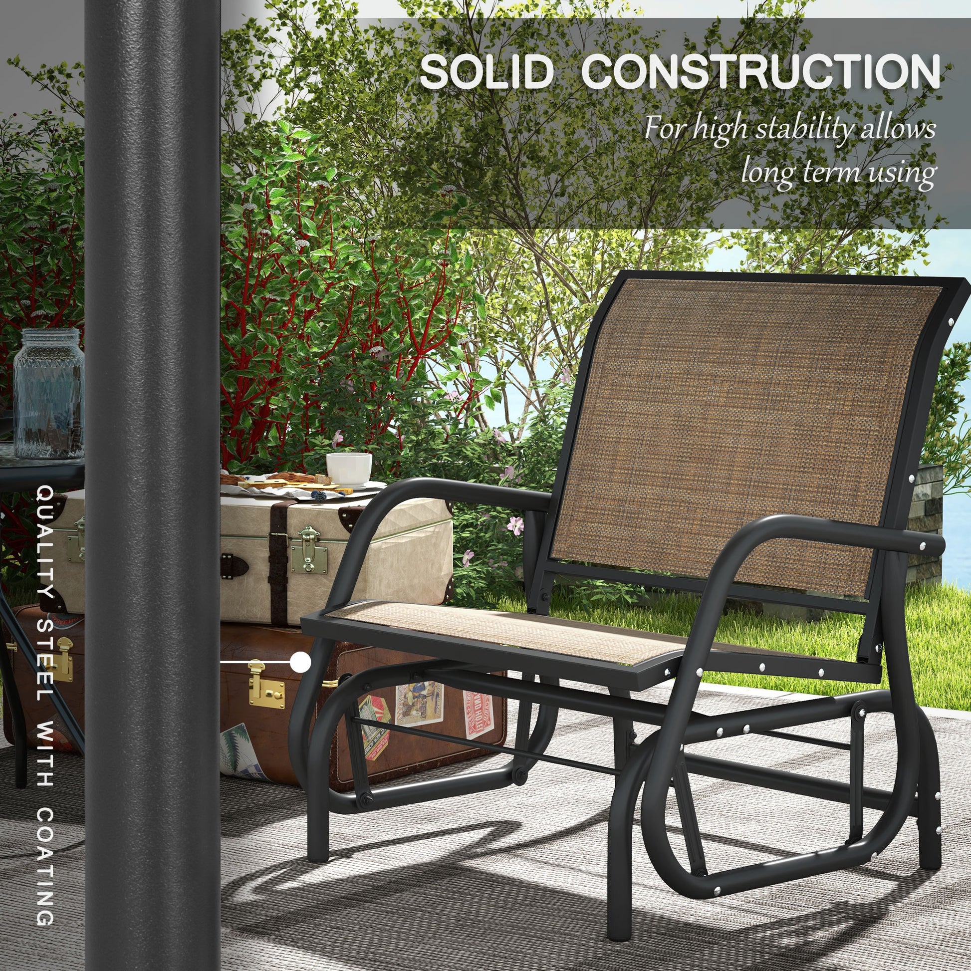 Outdoor steel glider chair with black frame and tan mesh seat and backrest
