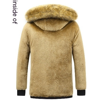 Beige sherpa jacket with fur-lined hood on a white background