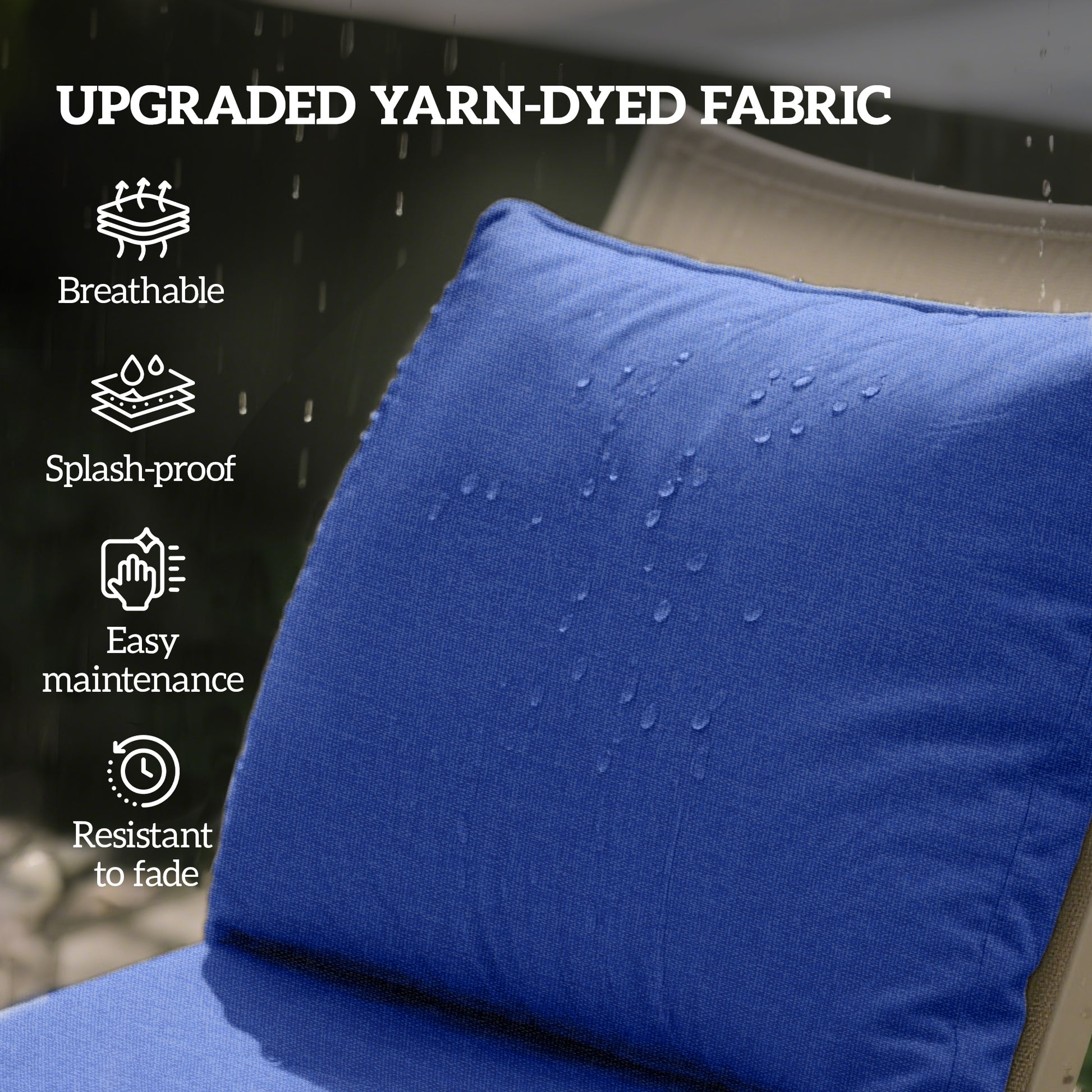 Navy blue cushion with water droplets on fabric, padded backrest cushion