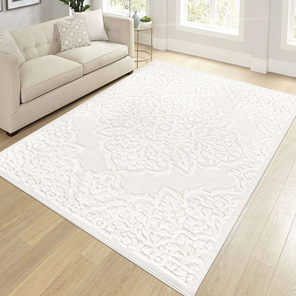 Cream area rug with ornate medallion pattern, centered on wood flooring