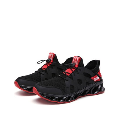 Breathable Blade running sneaker, black upper with red accents and chunky rubber outsole