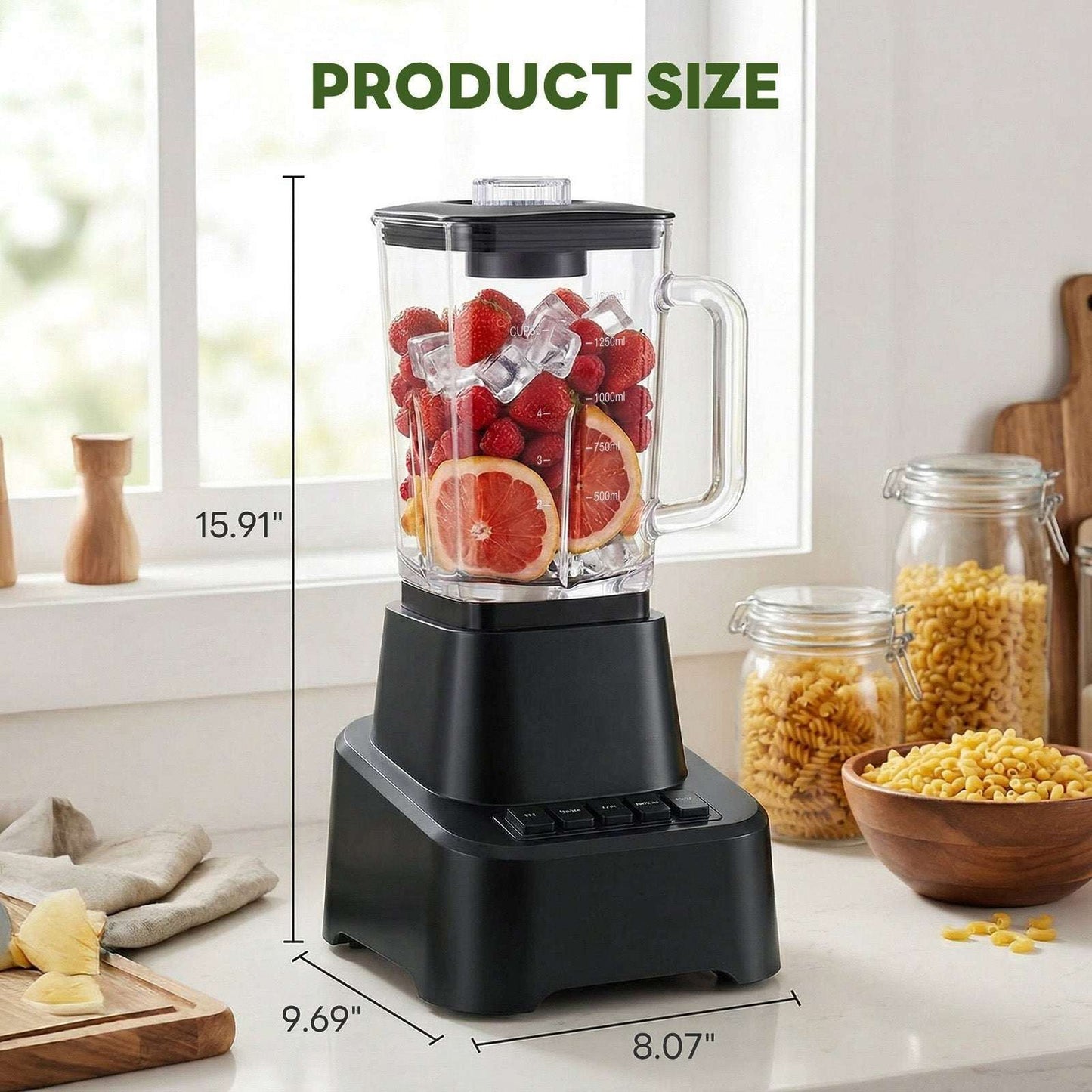 54oz glass jar blender with black base, clear container filled with fruit and ice