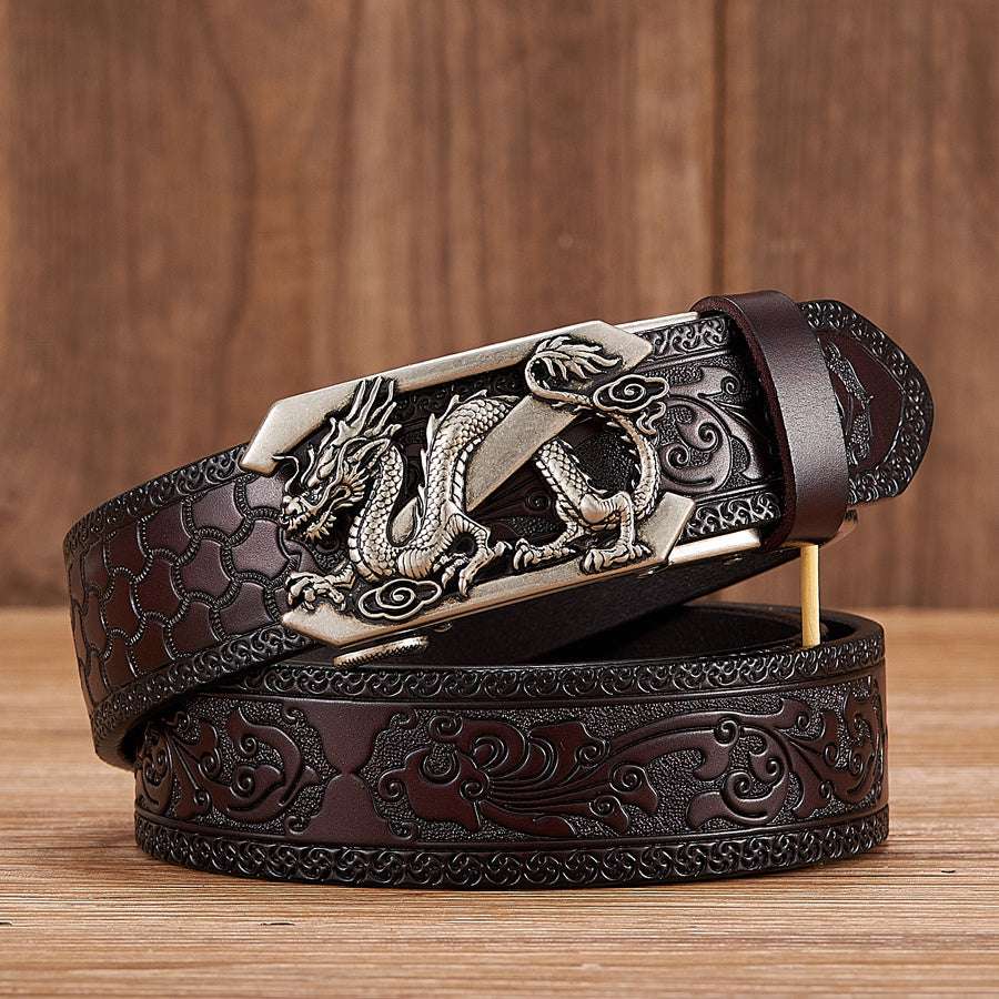 Embossed leather belt with dragon relief and silver-tone automatic buckle, dark strap