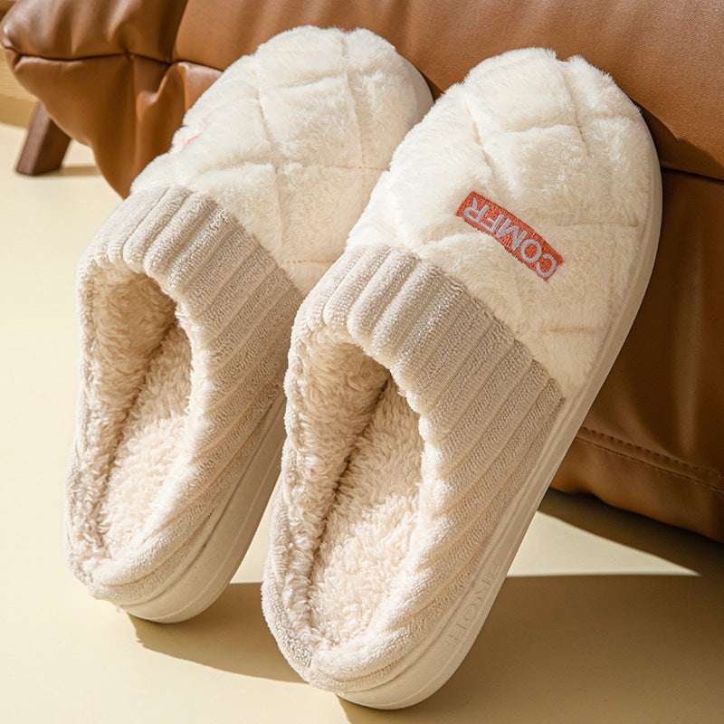 Solid Rhombic Letter Slippers – Warm, Non-Slip Plush for Couples Solid Rhombic Letter Home Slippers Winte | Ectron Online