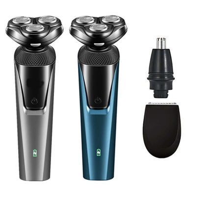 Cordless waterproof electric beard and nose trimmer set with blue and gray bodies