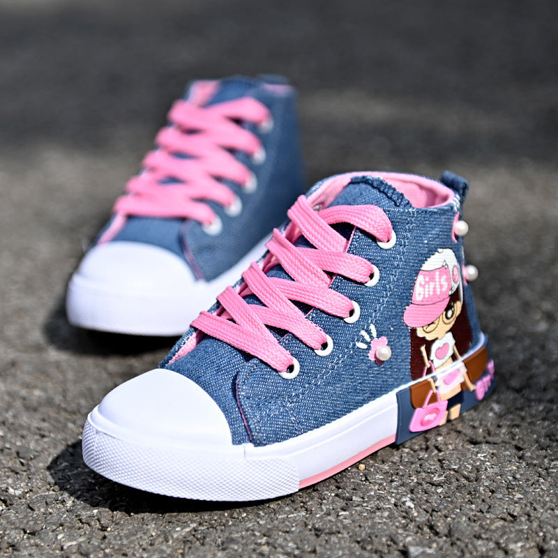 Girls canvas high-top sneakers, dark blue with pink laces, white sole and side cartoon