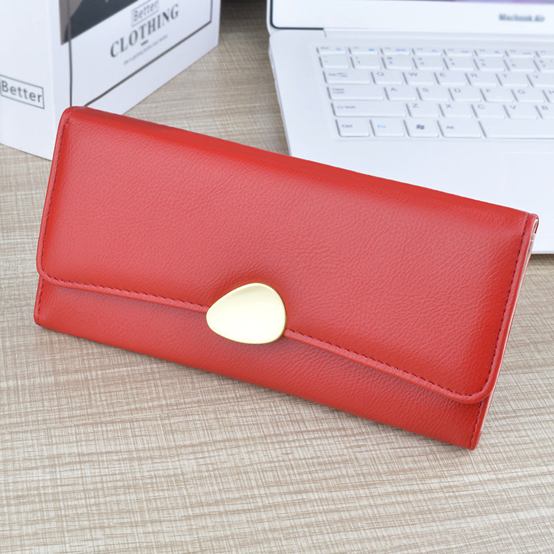 Long wallet with card slots, red leather-like, snap button flap