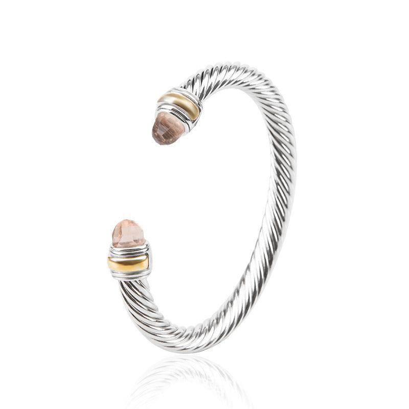 Bohemian bracelet with silver wire and light pink faceted crystal beads with gold accents