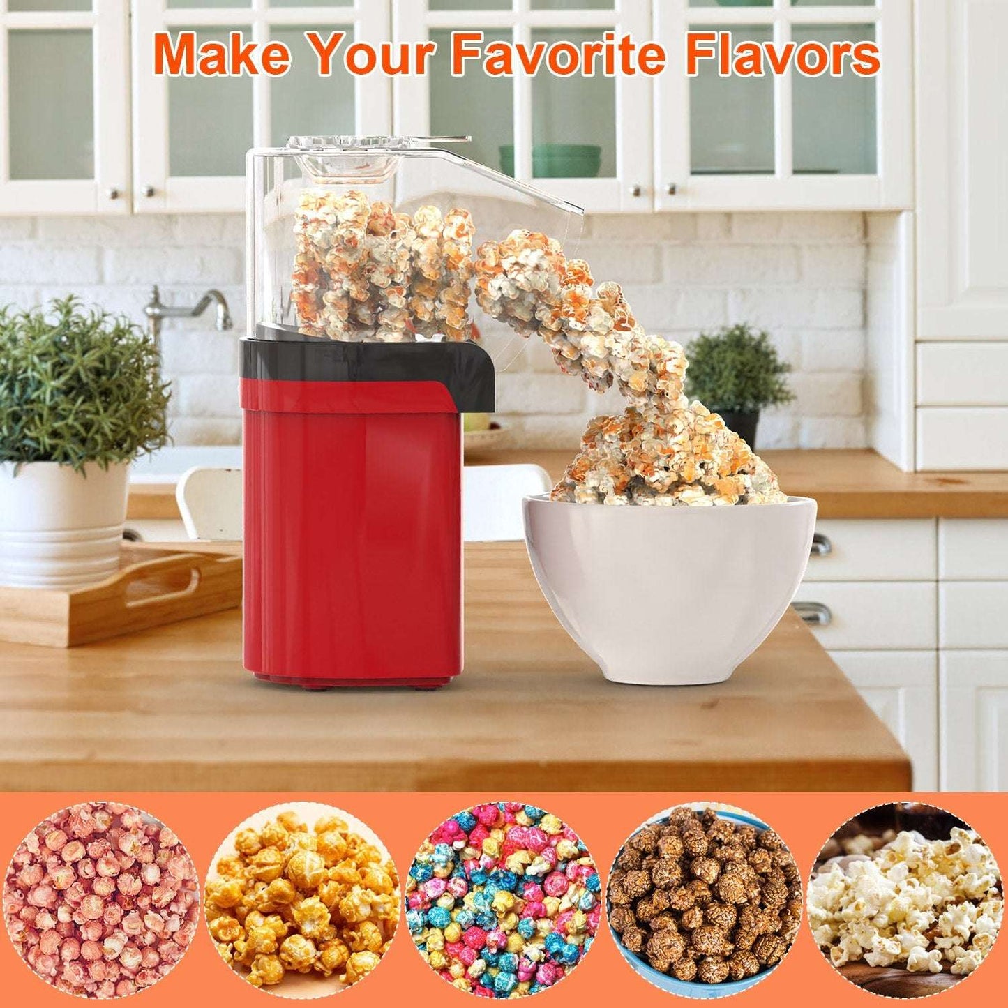 Red popcorn maker on a kitchen counter with a bowl of popcorn and flavor options displayed.