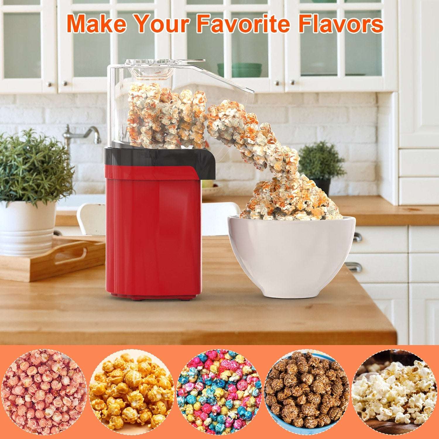 Red popcorn maker on a kitchen counter with a bowl of popcorn and flavor options displayed.
