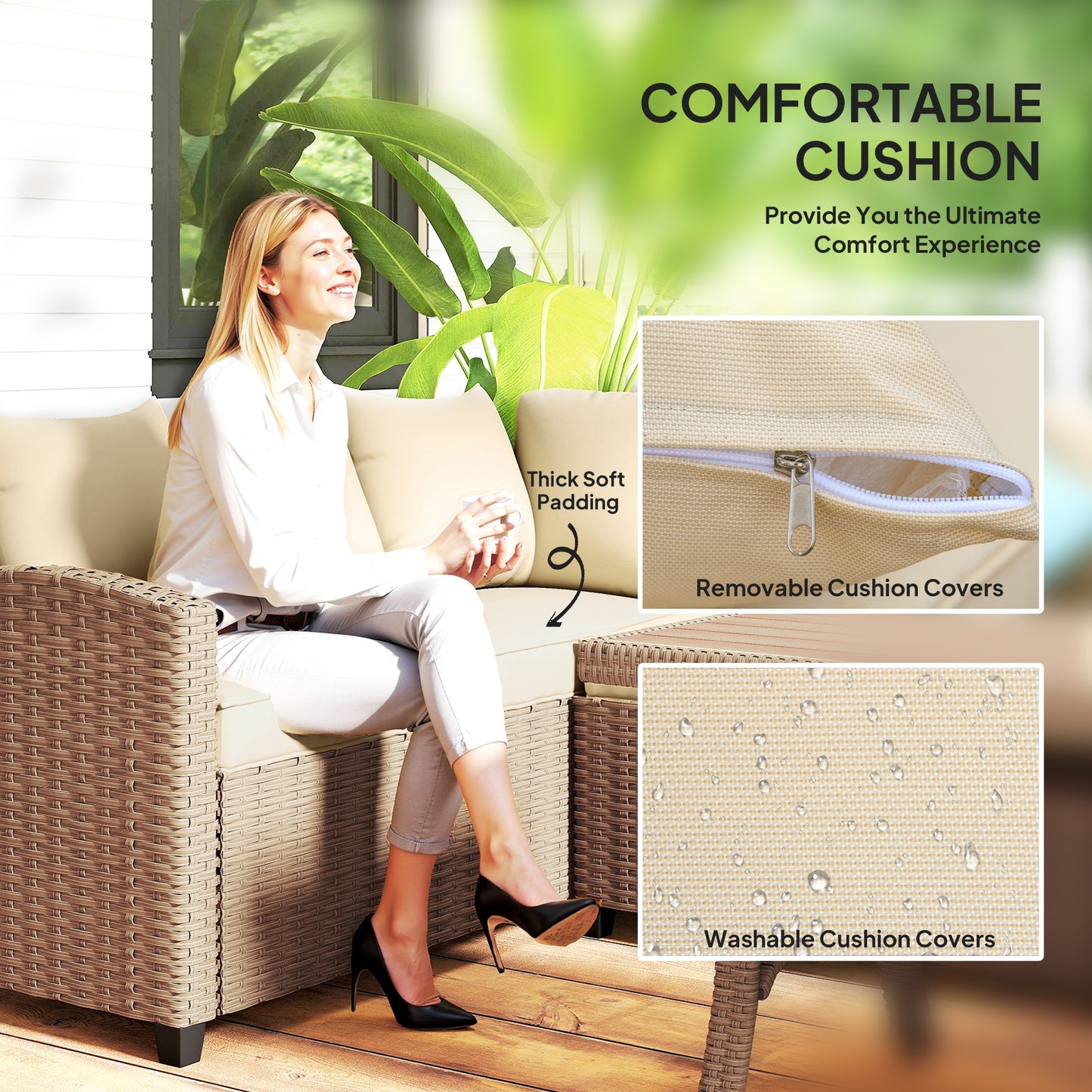 6-Piece PE Wicker Patio Conversation Set with WPC Dining Table